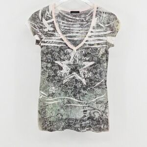 T Party Womens Burnout Baby Tee Size M Gray Star Y2k Lightweight Top Edgy Grunge